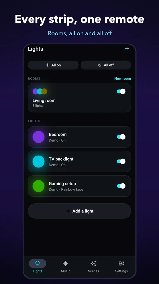 Lights list with a living room group and three lights