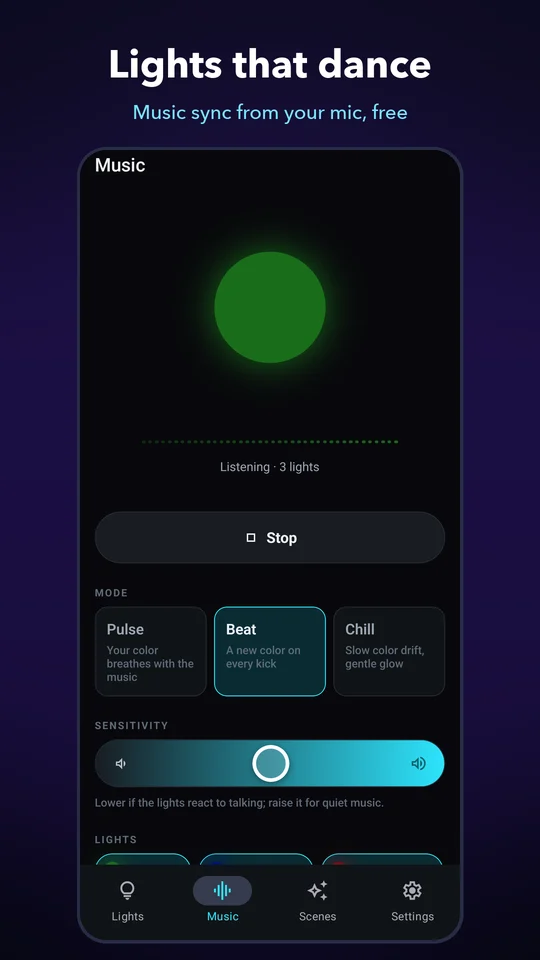 Music sync listening and driving three lights