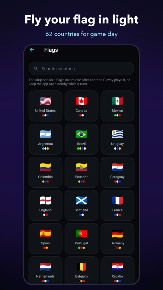 Country flags shown as light effects