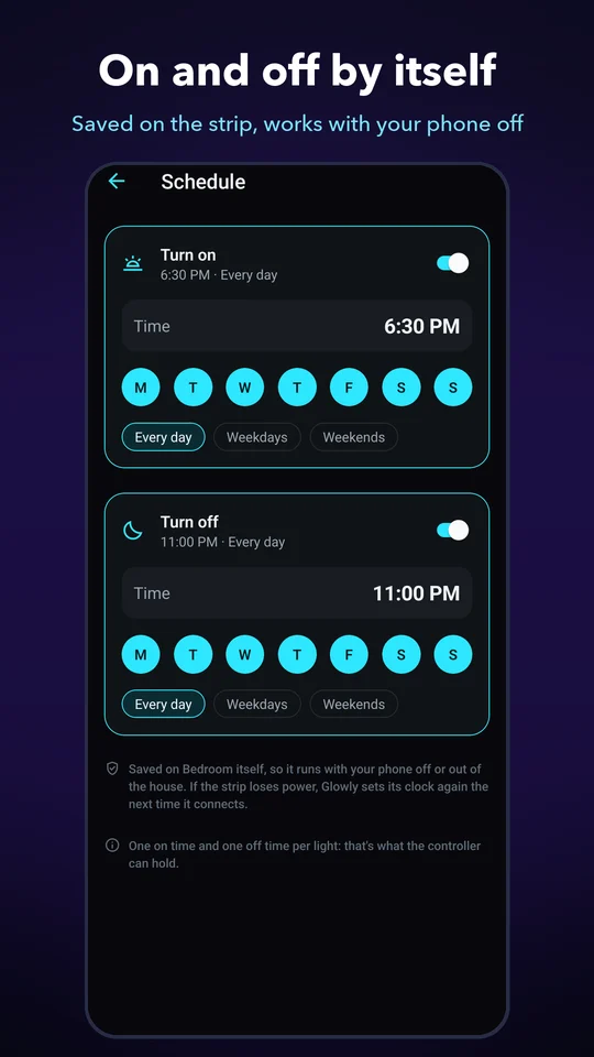 Schedule turning a light on at 6:30 PM and off at 11 PM